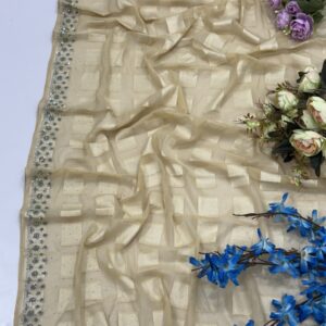 chiffon shimmer with border heavy stone work with box design