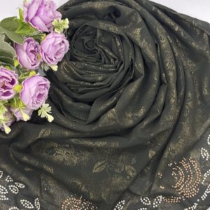 chiffon shimmer emboss fabric with pallu copper zharkand stone and cut work