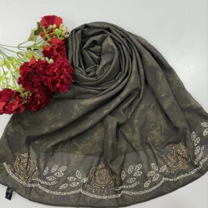 chiffon shimmer emboss fabric with pallu copper zharkand stone work