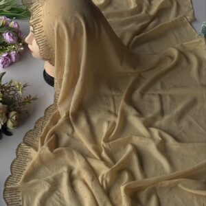 chiffon shimmer fabric with border heavy copper zharkand stone and all over stone work hijabs
