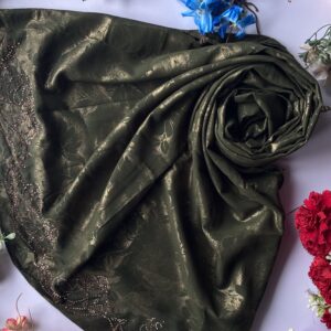 chiffon shimmer emboss fabric with pallu copper zharkand stone work hijabs