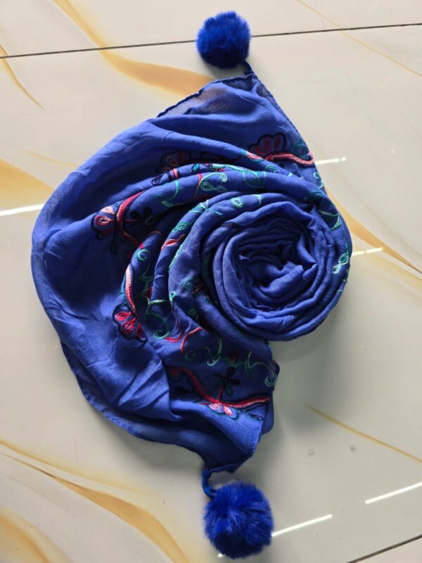 Royal Blue Embroidered Hijab with Pom-Pom Edges