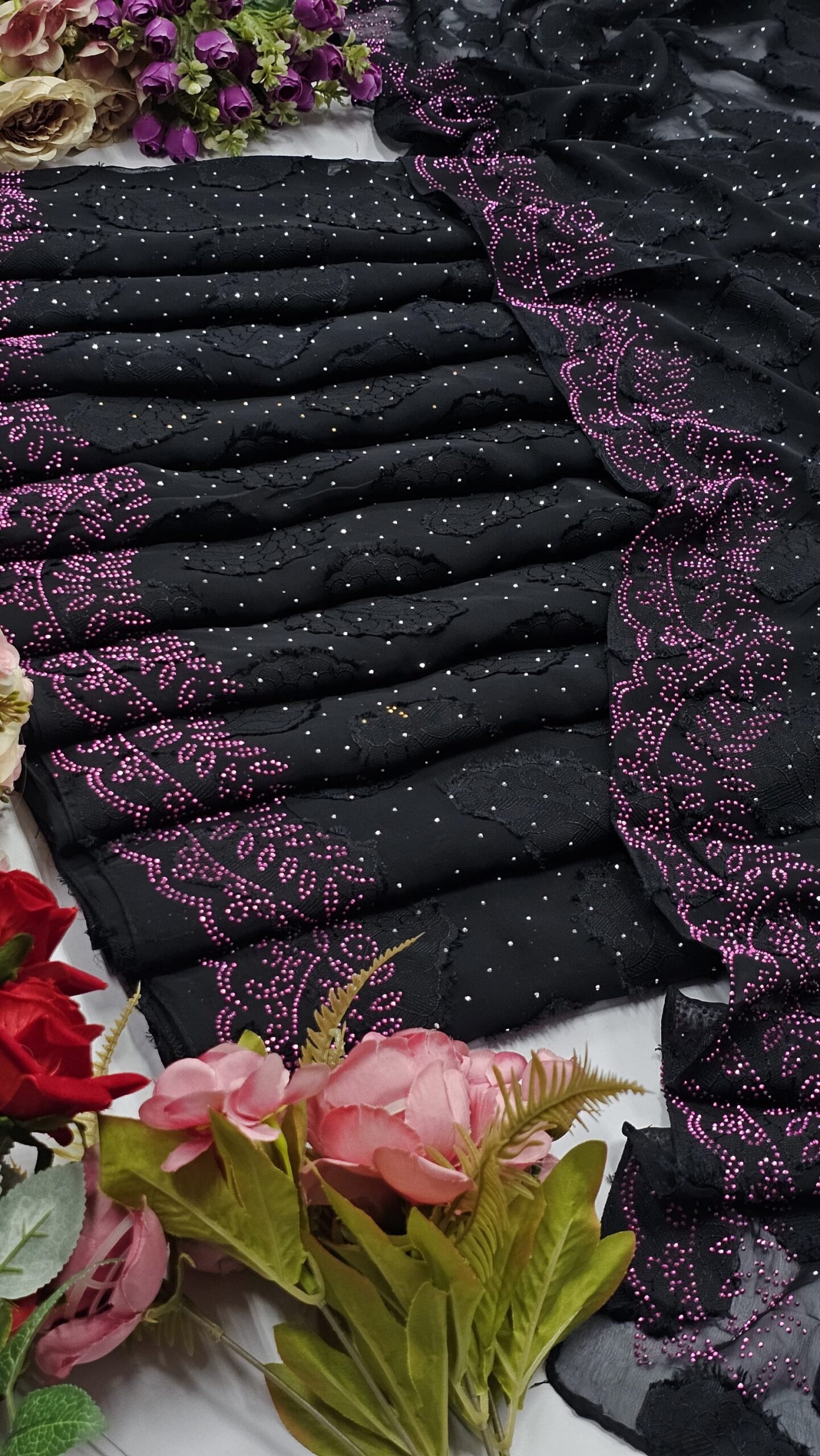 chiffon kaju katli fabric with all over pink stone work hijabs