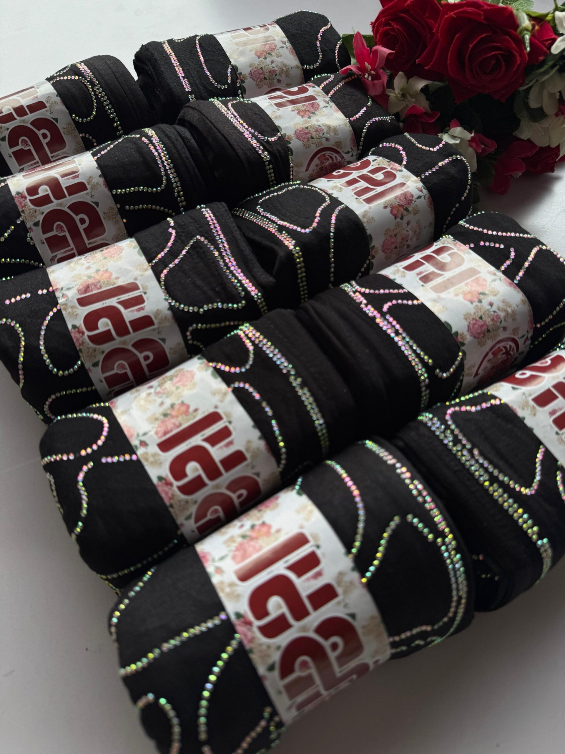 NEW IMPORTED JERSEY FABRIC WITH HEAVY DMC STONE WORK HIJABS BLACK